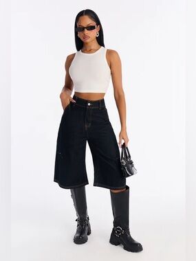 Fashion Nova Night Shift Non Stretch Denim Jort - Dark Denim Sz 9